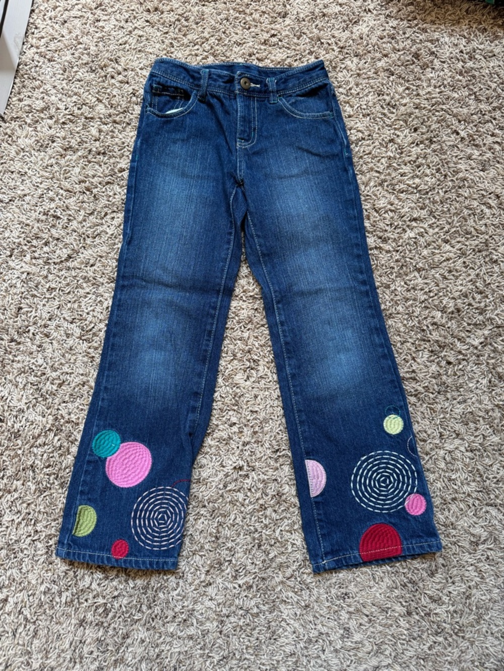 Vintage Crazy 8 Dark Wash Girls' Jeans with Colorful Circle Embroideries. Size 8